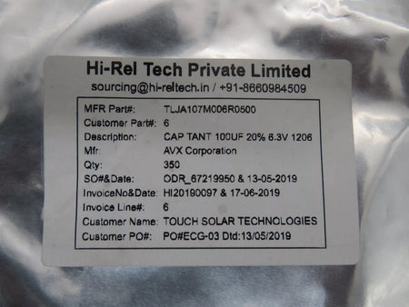 AVX Corporation SMDTLJA107M006R0500 Tantalum Solid Capacitors 100UF 6.3V 1206