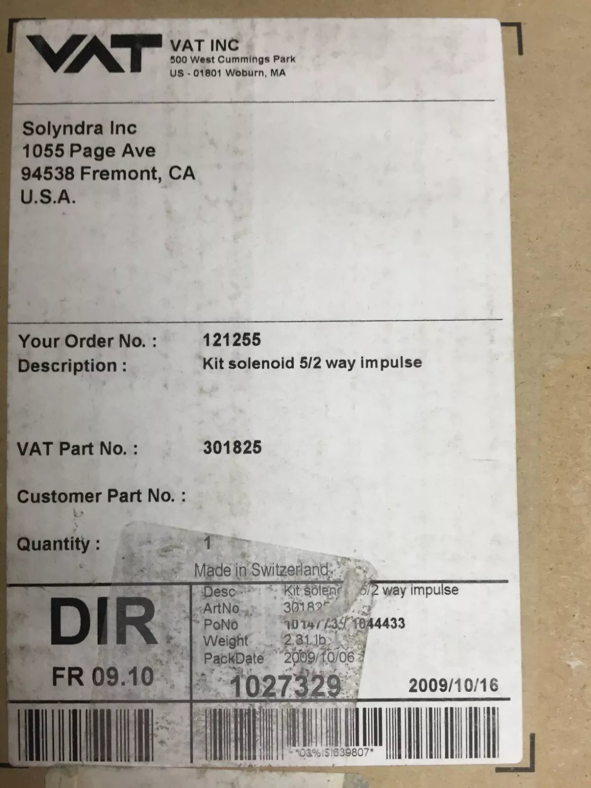 VAT 301825 Kit Solenoid: 5/2 Way Impulse