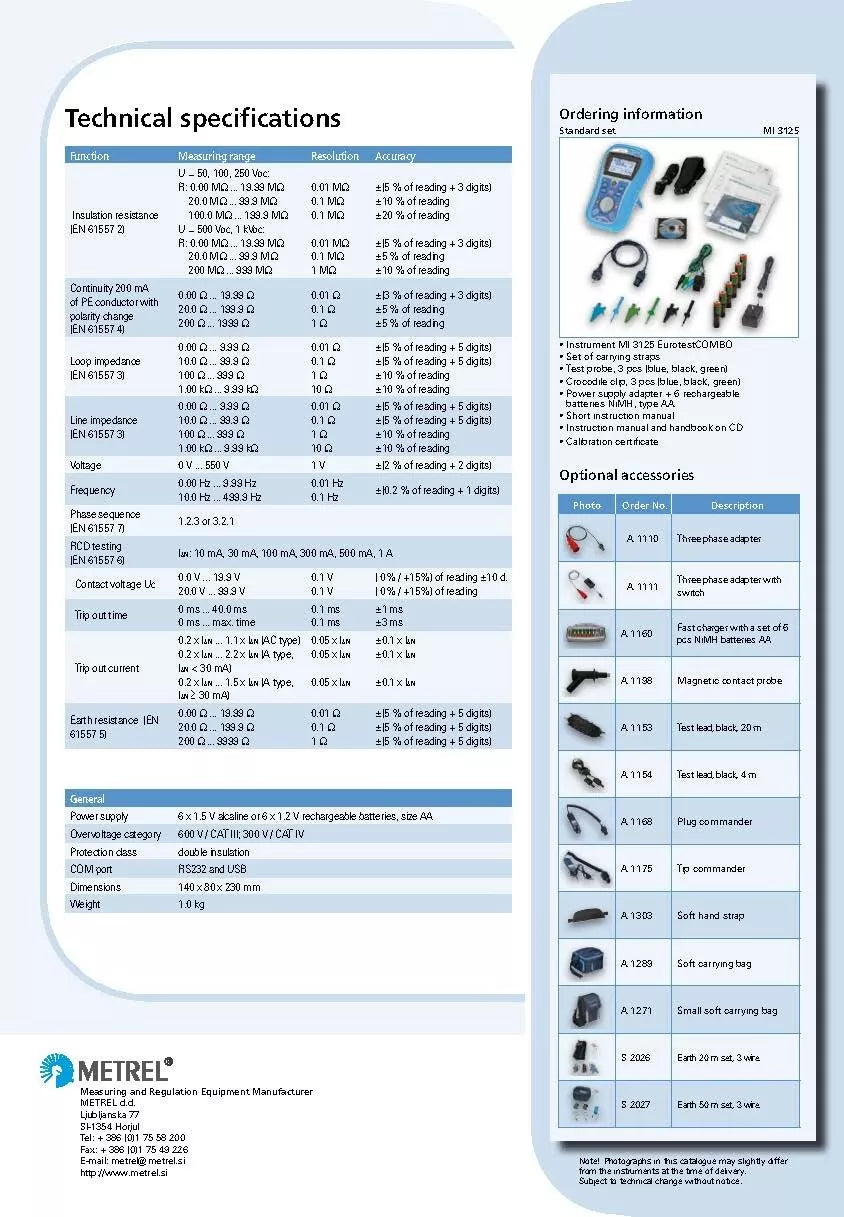 Metrel MI 3125 EurotestCOMBO (Standard) Insulation, Continuity Tester, TRMS, RCD