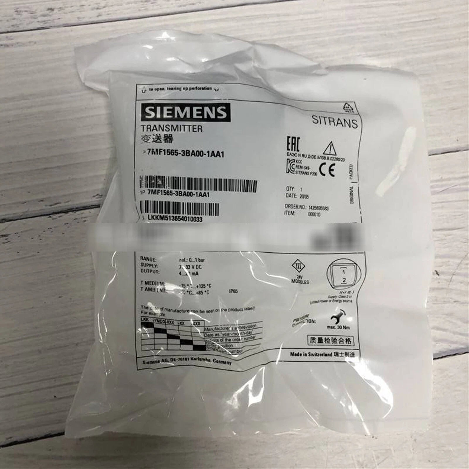 Siemens 7MF1565-3BG00-1AA1 Pressure Transmitter