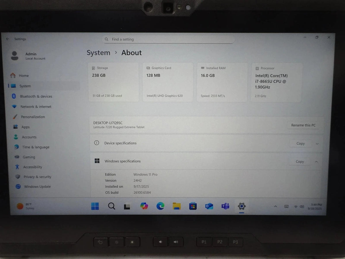 Dell Latitude 7220 Rugged Extreme Core i7-8665U 1.9GHz 16GB 256GB Win 11 pro