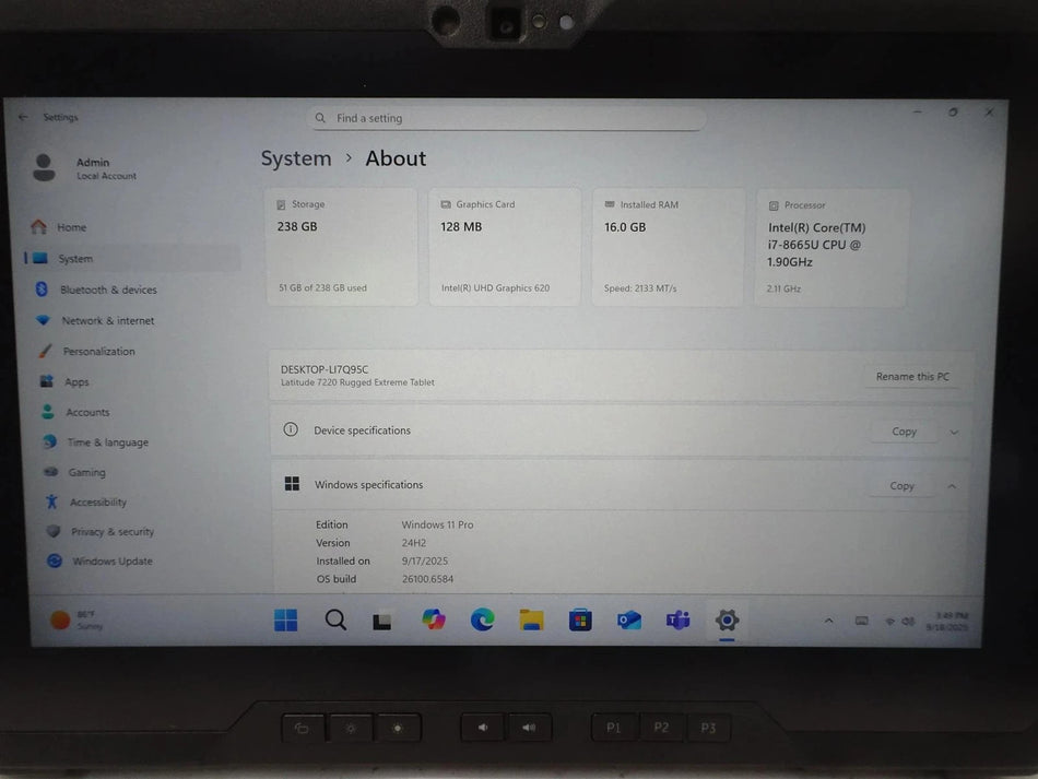 Dell Latitude 7220 Rugged Extreme Core i7-8665U 1.9GHz 16GB 256GB Win 11 pro
