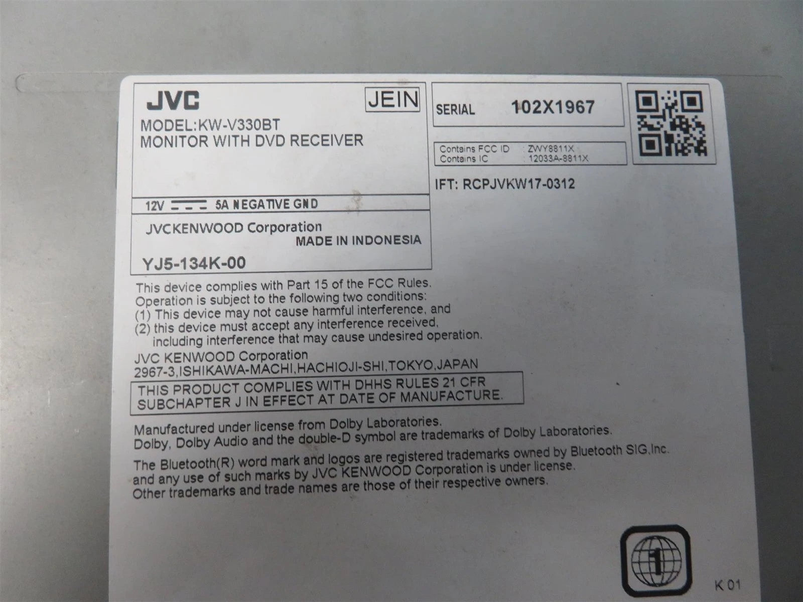 JVC KW-V330BT MULTIMEDIA DVD TOUCHSCREEN RADIO PLAYER - Free shipping