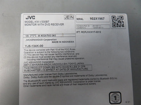 JVC KW-V330BT MULTIMEDIA DVD TOUCHSCREEN RADIO PLAYER - Free shipping