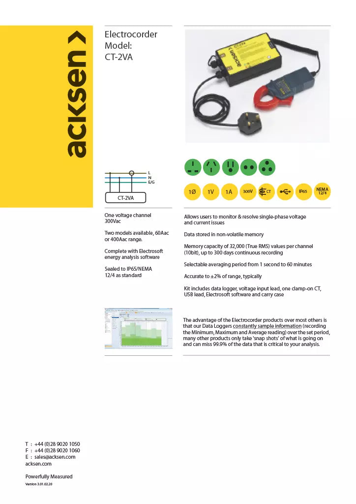 Acksen Electrocorder CT-2VA Power and Energy Recorder 60A/400A CTs