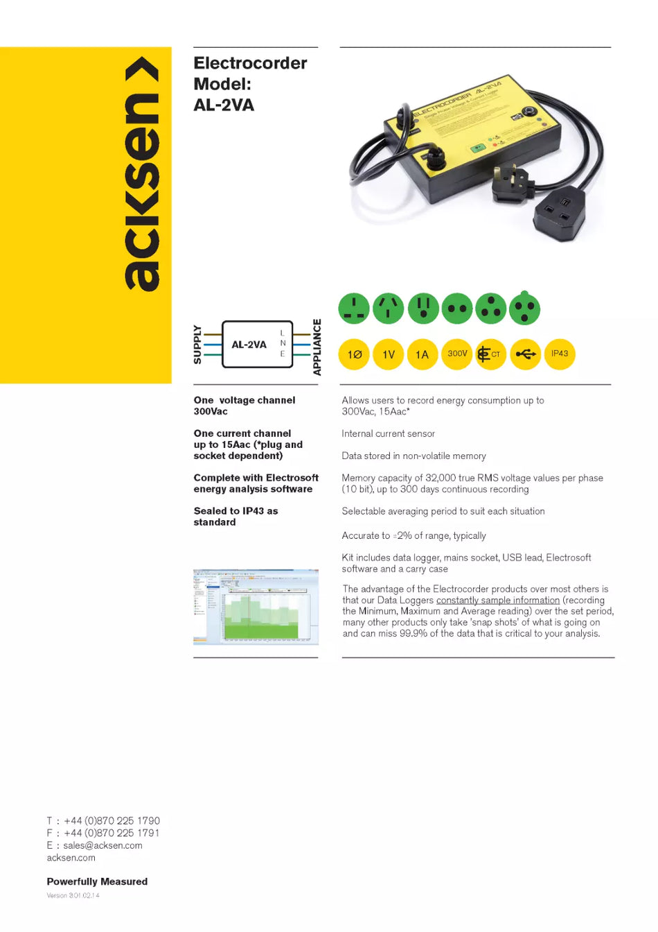 Acksen Electrocorder AL-2VA Energy Logger for Appliances 15A IP43