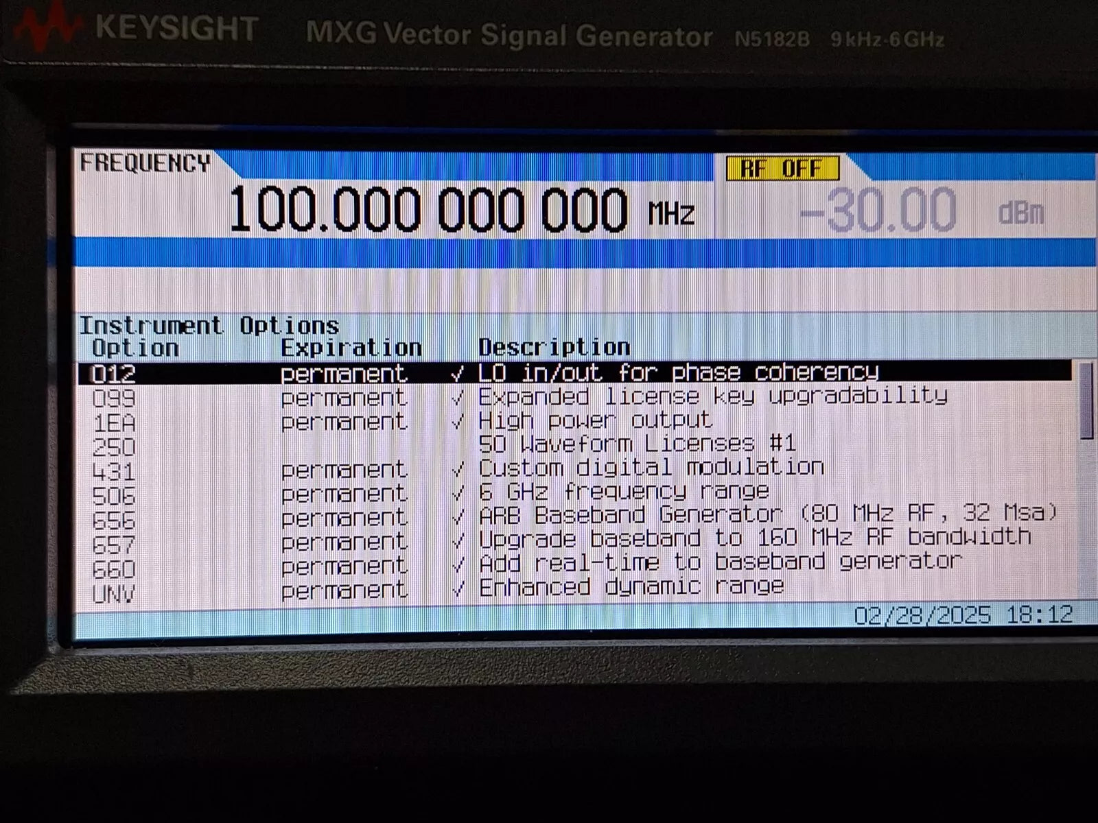 Keysight N5182B 6GHz Signal Generator with Multiple Options (Opt. 012, 099, 1EA, 506, 656, 657, 660)
