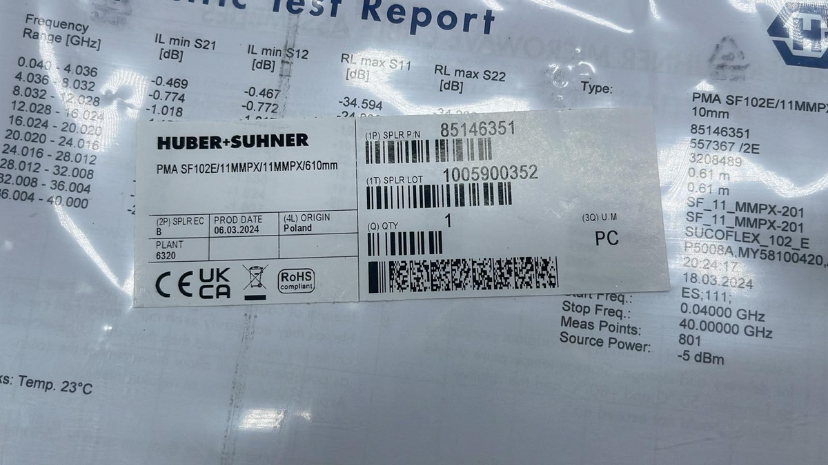 SF102E/11SK/11 610MM Connector Cable by HUBER+SUHNER