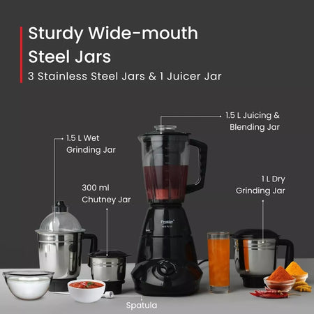 Prestige Iris Plus Mixer Grinder 750W with 4 Jars - Stainless & Juicer