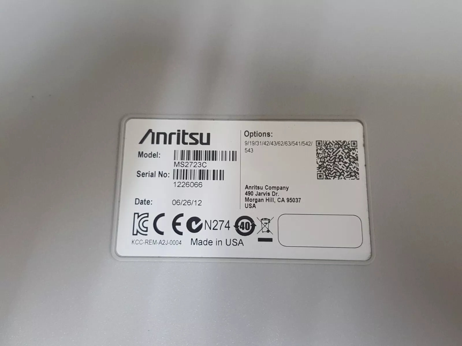 Anritsu MS2723C 13GHz Spectrum Analyzer without Options 9, 19, 31, 42, 43, 62, 63