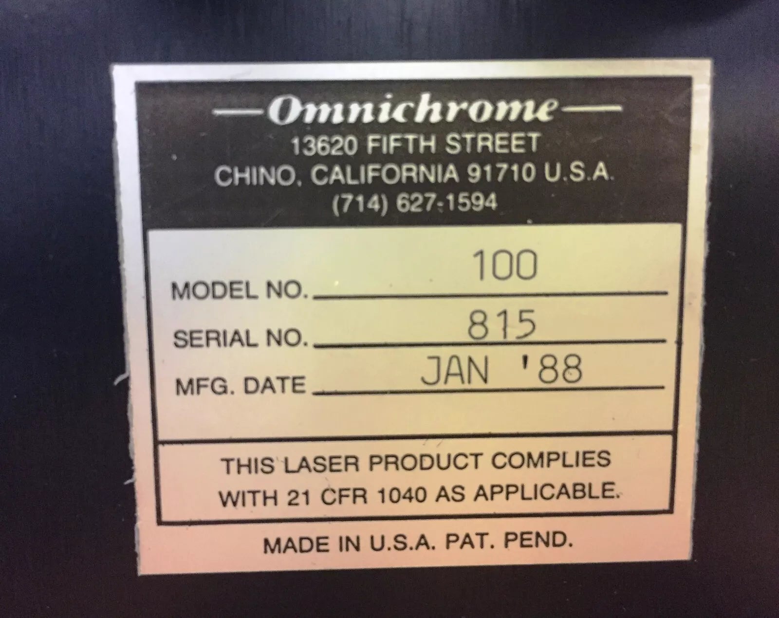 Omnichrome Model 3056R-2-SINS Laser & Model 100 Power Supply Controller