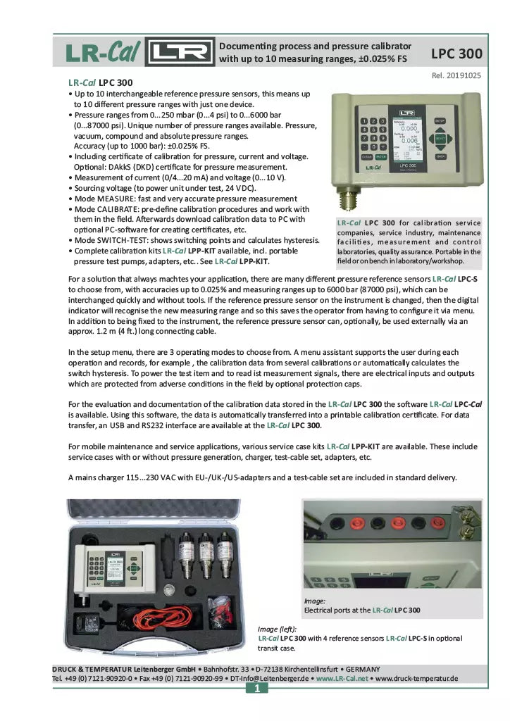 LR-Cal LPC 300 Documenting Process Calibrator with Pressure Sensor 0 - 14500 PSI