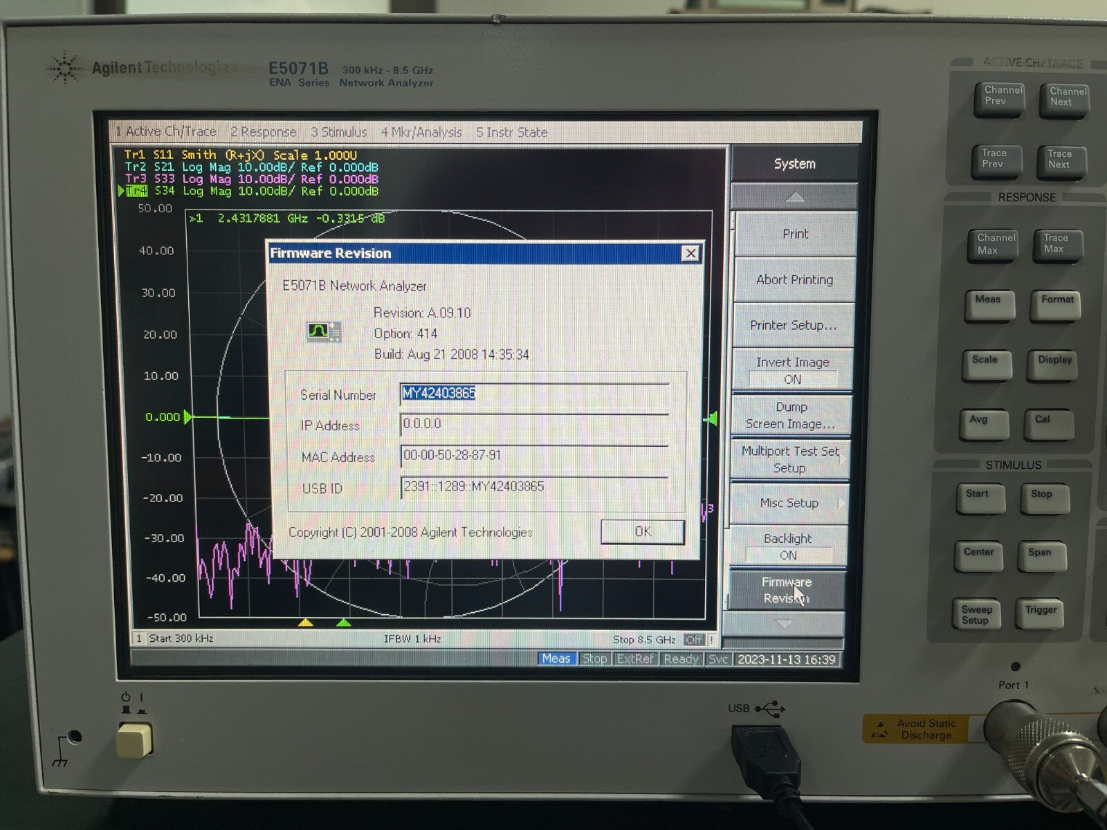 Agilent E5071B ENA RF Network Analyzer 300 kHz – 8.5 GHz , w/ opt. 015, 414, UNQ