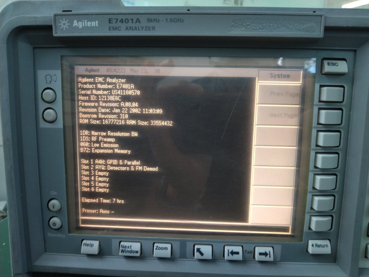 Agilent E7401A EMC Analyzer 9KHz to 1.5Ghz ,w/ 1DR, 1DS, 060, B72 - XG eqpt