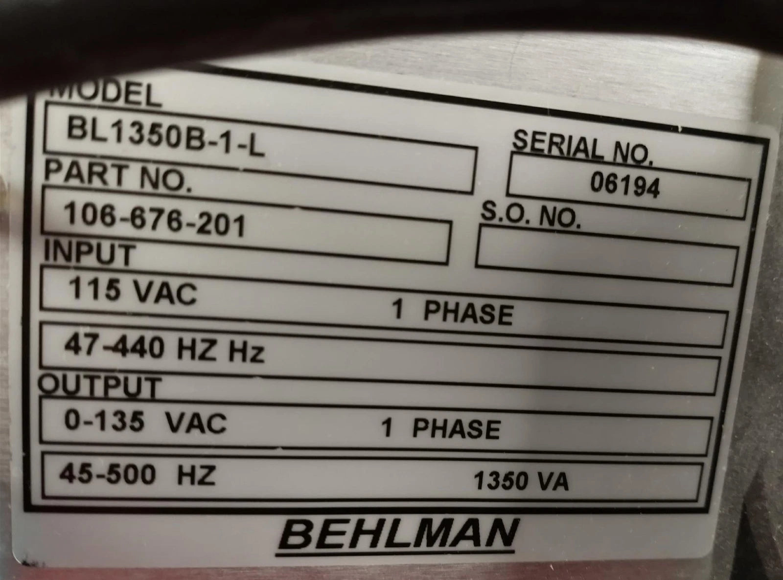 Behlman BL1350B-1-L 06194 AC Power Supply / Frequency Converter / Inverter