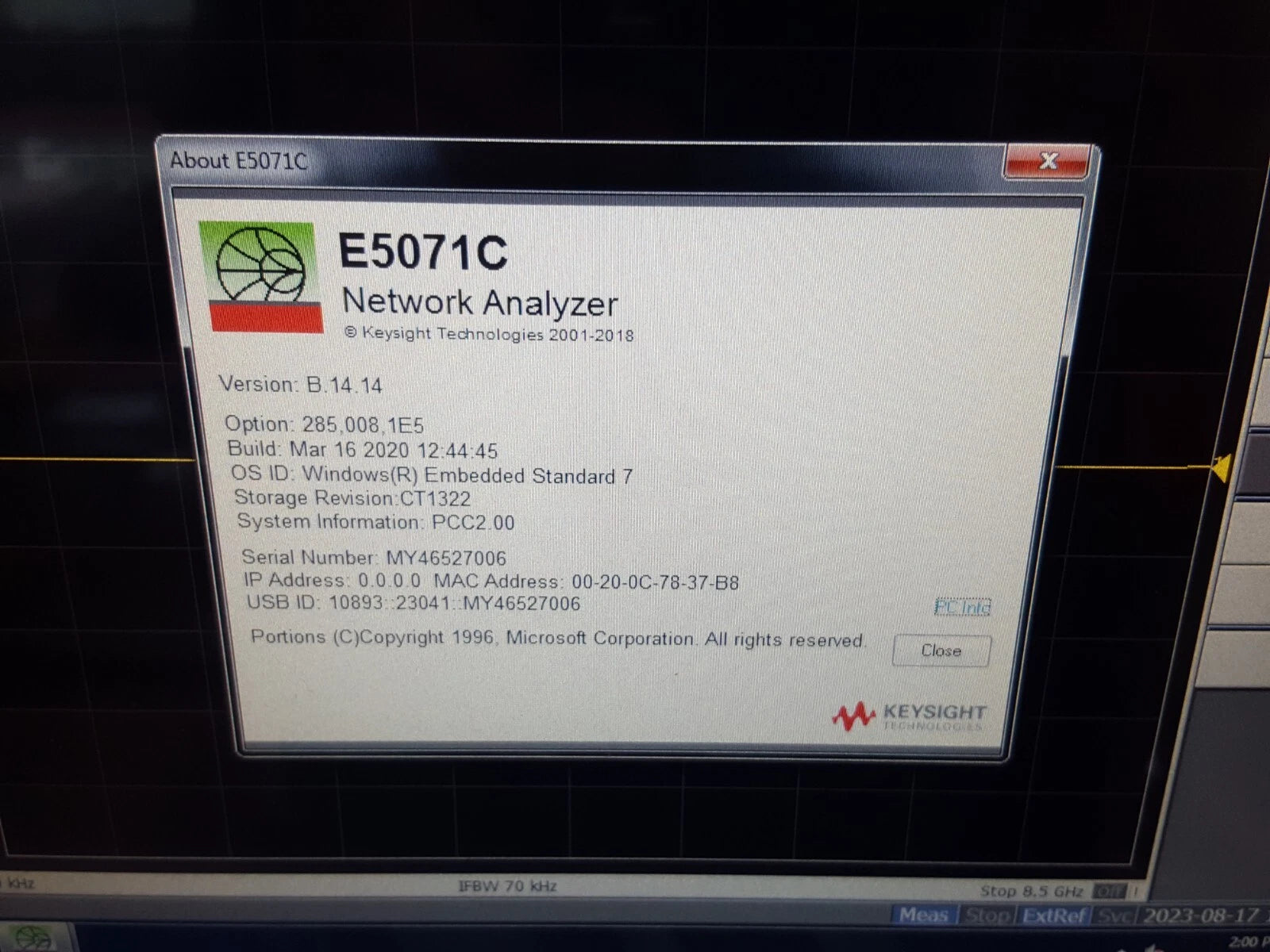 Keysight E5071C Network Analyzer 100kHz-8.5GHz Opt. 285 1E5 008 019 (7006)
