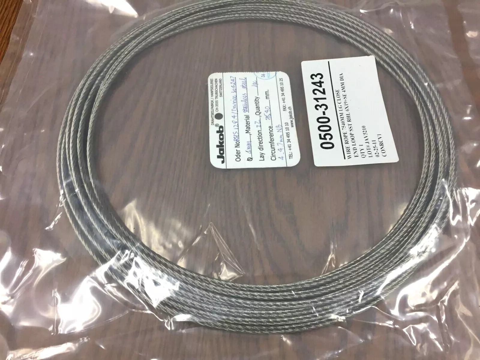 Jakob 20113-0480 Stainless Steel Wire Sling, 4mm Dia x 7540mm L