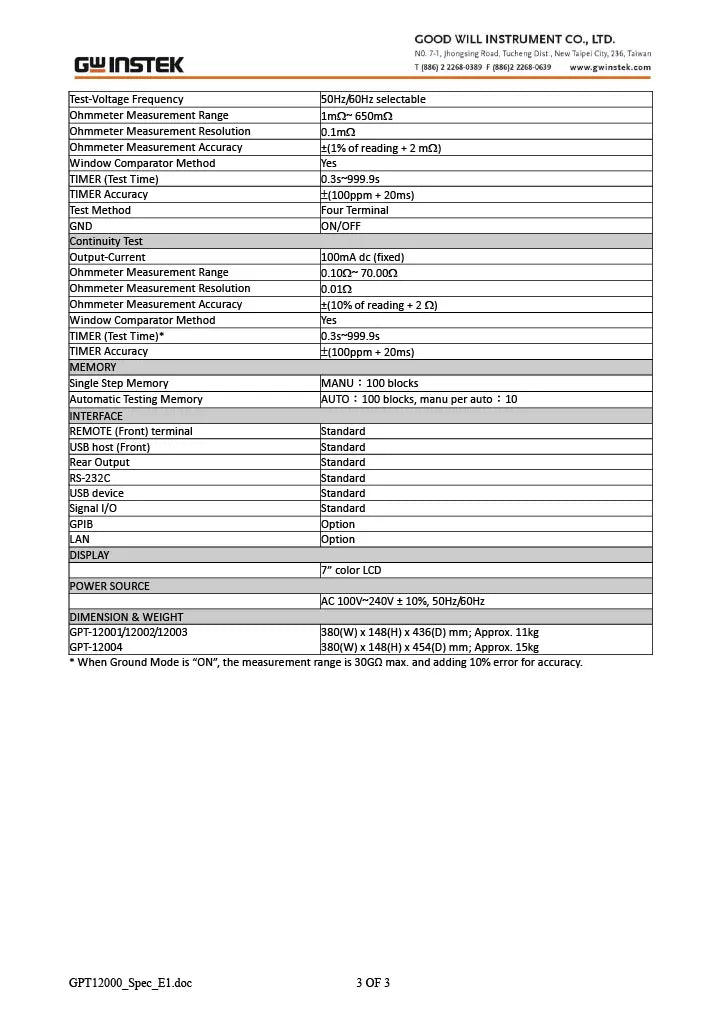 GW Instek GPT-12001 Safety Analyzer Tester Hi-Pot 200VA AC Hipot