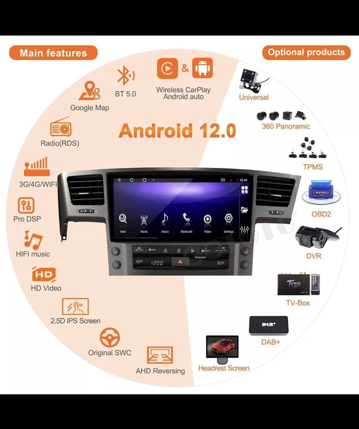 12.5''Android Car Radio 2Din Stereo Receiver GPS Navi For Lexus LX570 2007-2015
