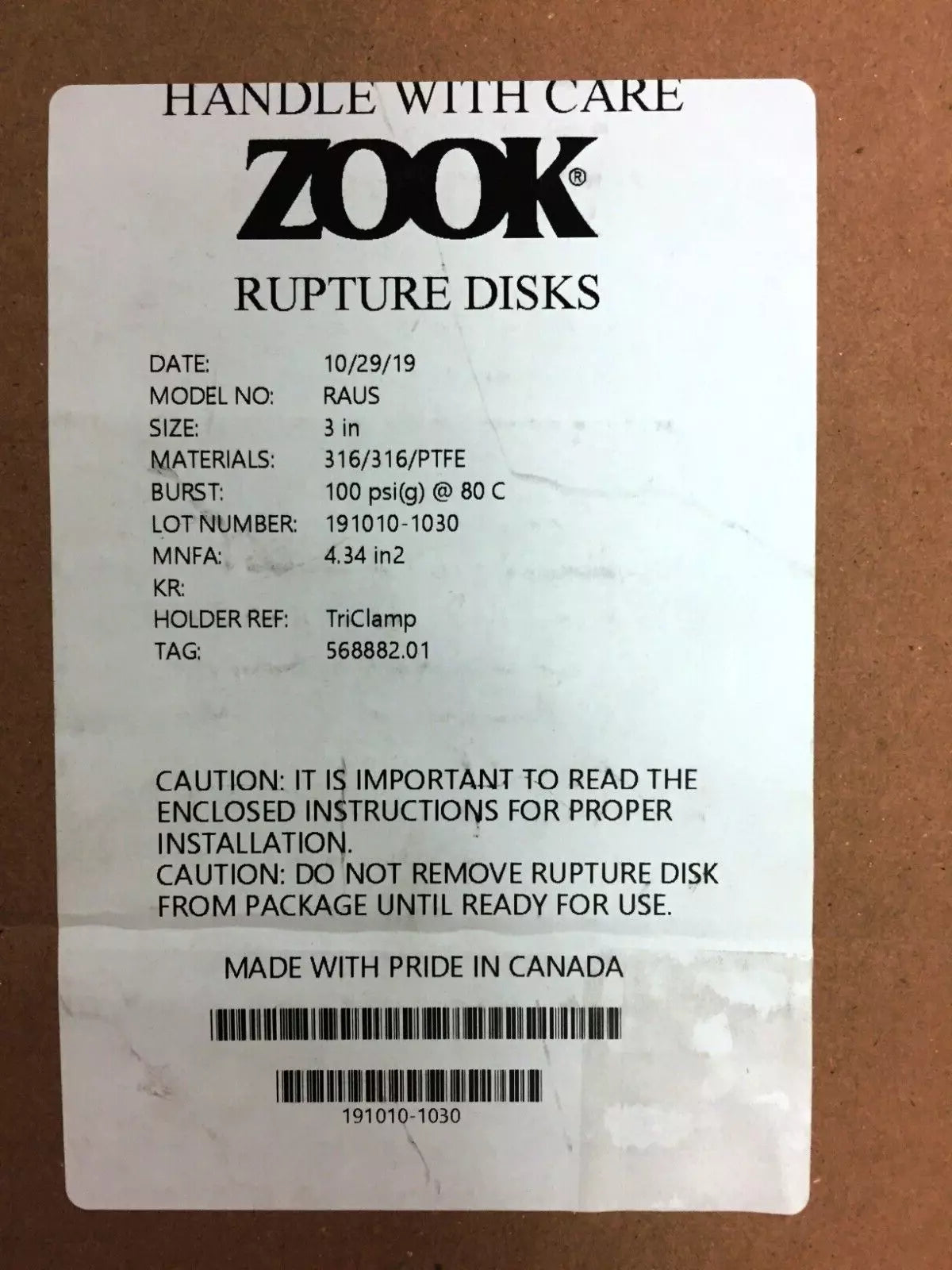 Zook Model RAUS Sanitary Rupture Disk Size 3” 100PSI (G) at 80°C