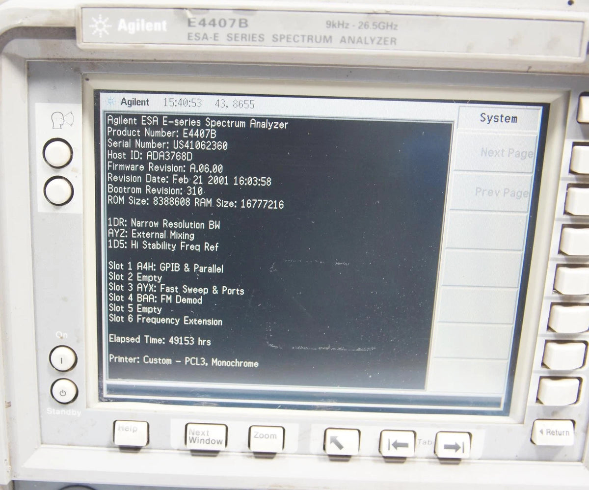 HP Agilent E4407B 9kHz - 26.5GHz Spectrum Analyzer Options AYZ 1DR 1D5 A4H AYX