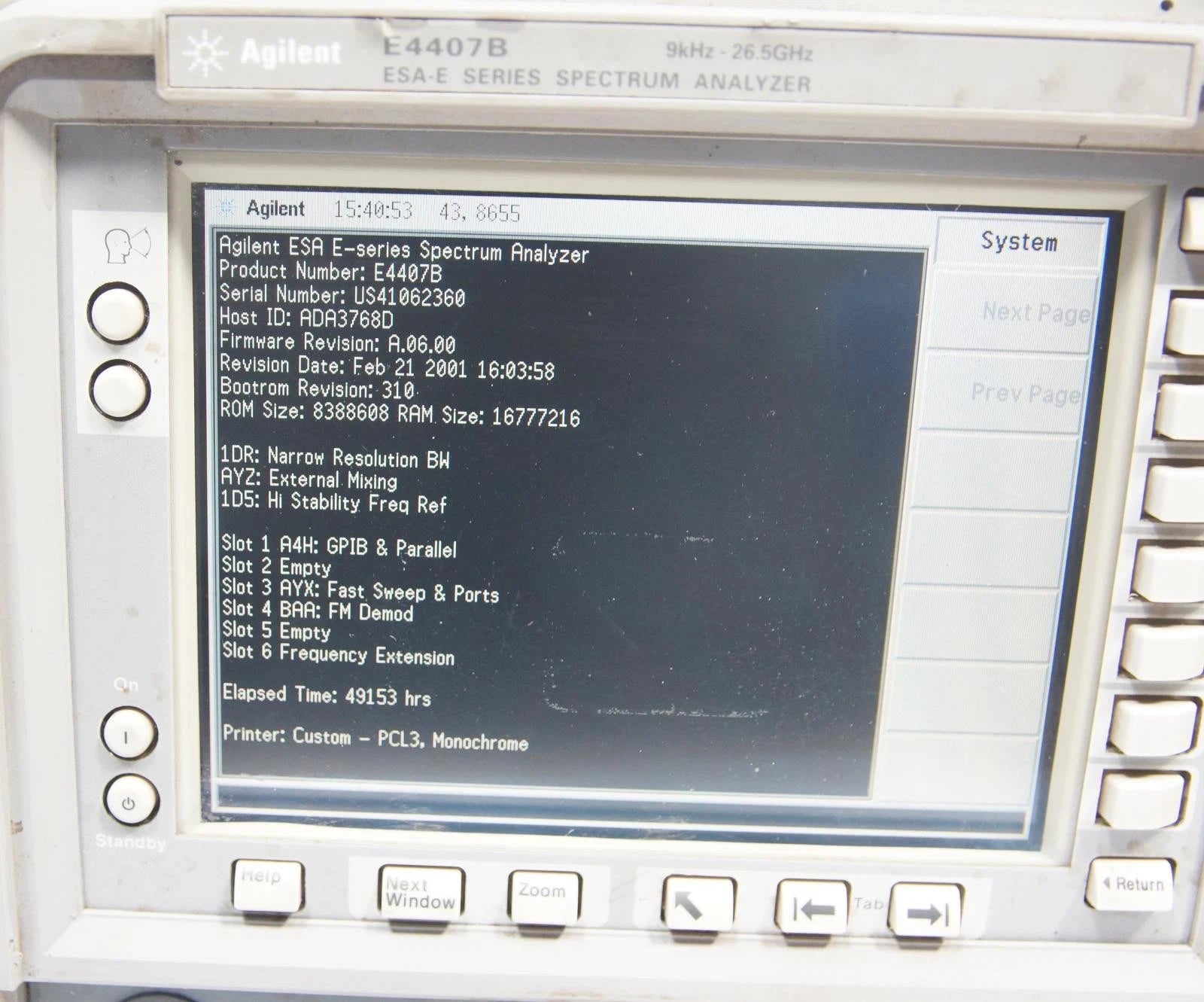 HP Agilent E4407B 9kHz - 26.5GHz Spectrum Analyzer Options AYZ 1DR 1D5 A4H AYX