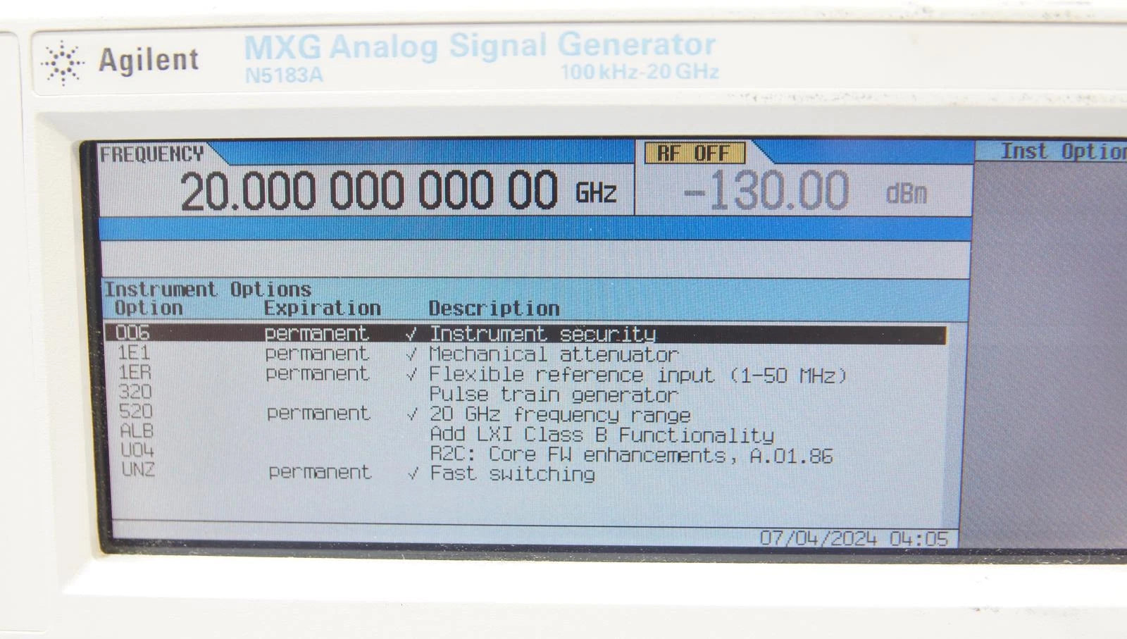 Agilent N5183A 20GHz MXG RF Analog Signal Generator OPT 006 1E1 1ER 520 UNZ