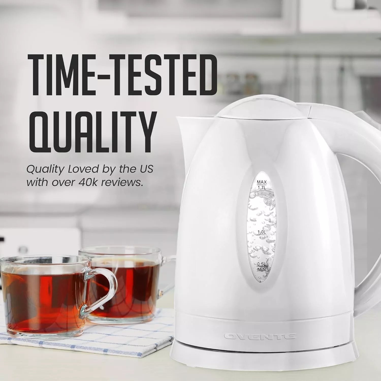 Ovente 1.7L BPA-Free Cordless Electric Kettle, Fast Boil, Auto Shut-Off, White