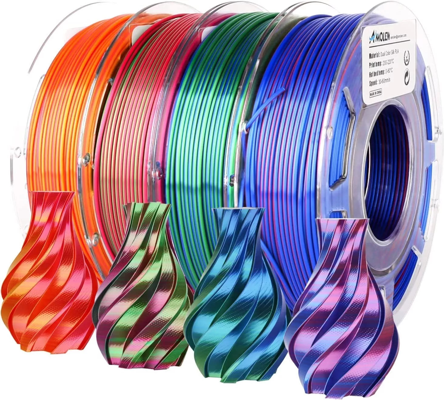 AMOLEN 3D Printer Filament Bundle – Dual Color PLA 1.75mm 200g x4