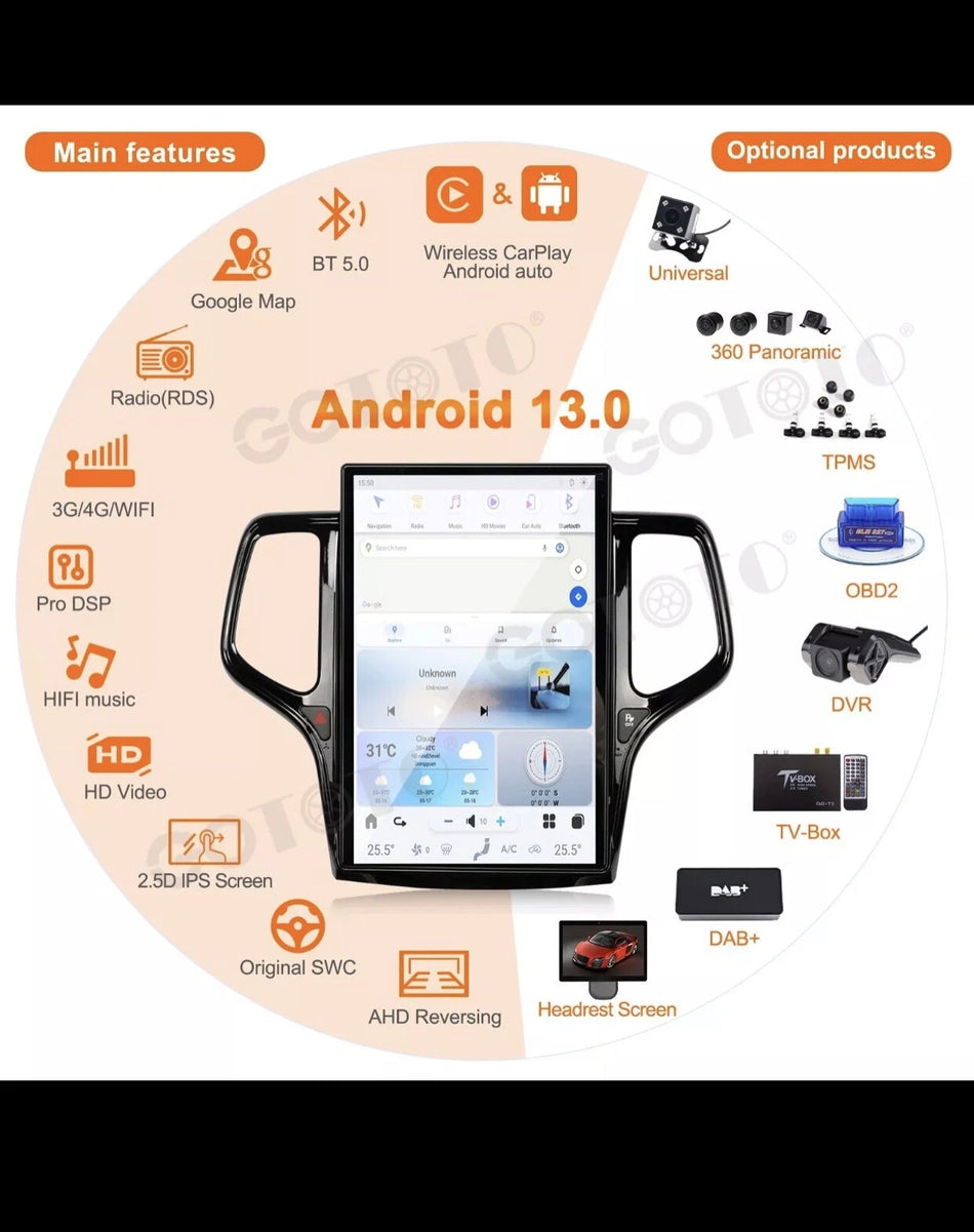 Jeep Grand Cherokee Tesla Style Android 2Din Car Stereo Radio Receiver 2014-2019