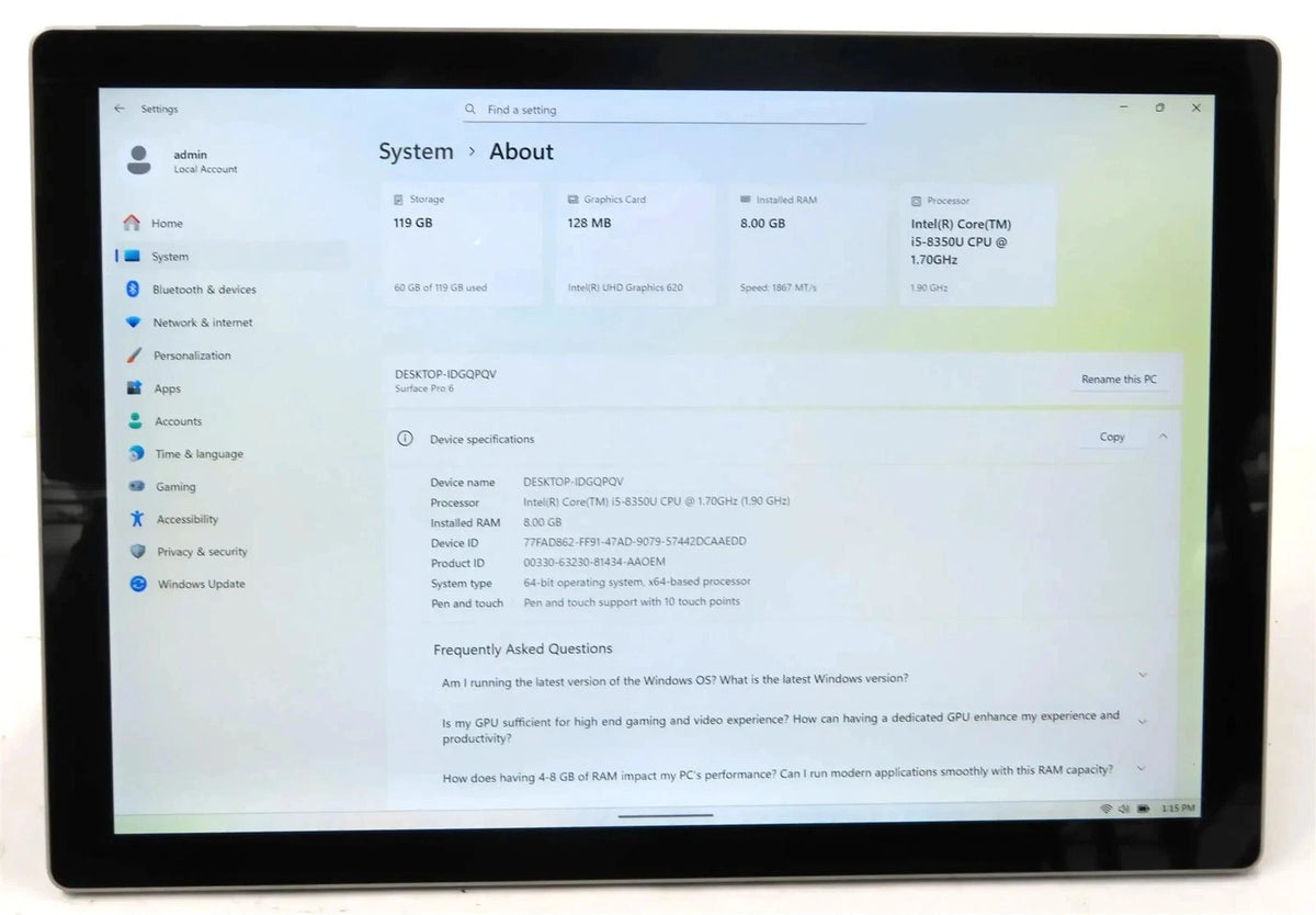 Microsoft Surface Pro 6 1796 Core i5-8350U 1.70GHz 8GB 128GB Win 11 Pro