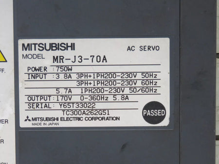 Mitsubishi MR-J3-70A 750W Servo Drive in Good Condition