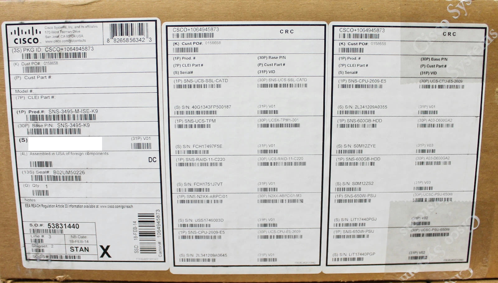 Cisco 3495 Secure Network Server SNS-3495-M-ISE-K9, 2x E5-2609, 600GB HDD