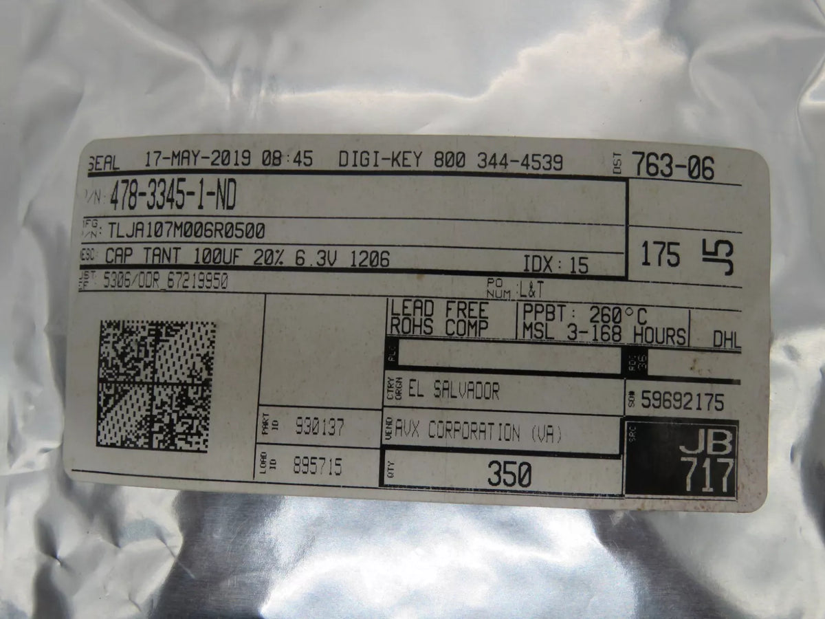 AVX Corporation SMDTLJA107M006R0500 Tantalum Solid Capacitors 100UF 6.3V 1206