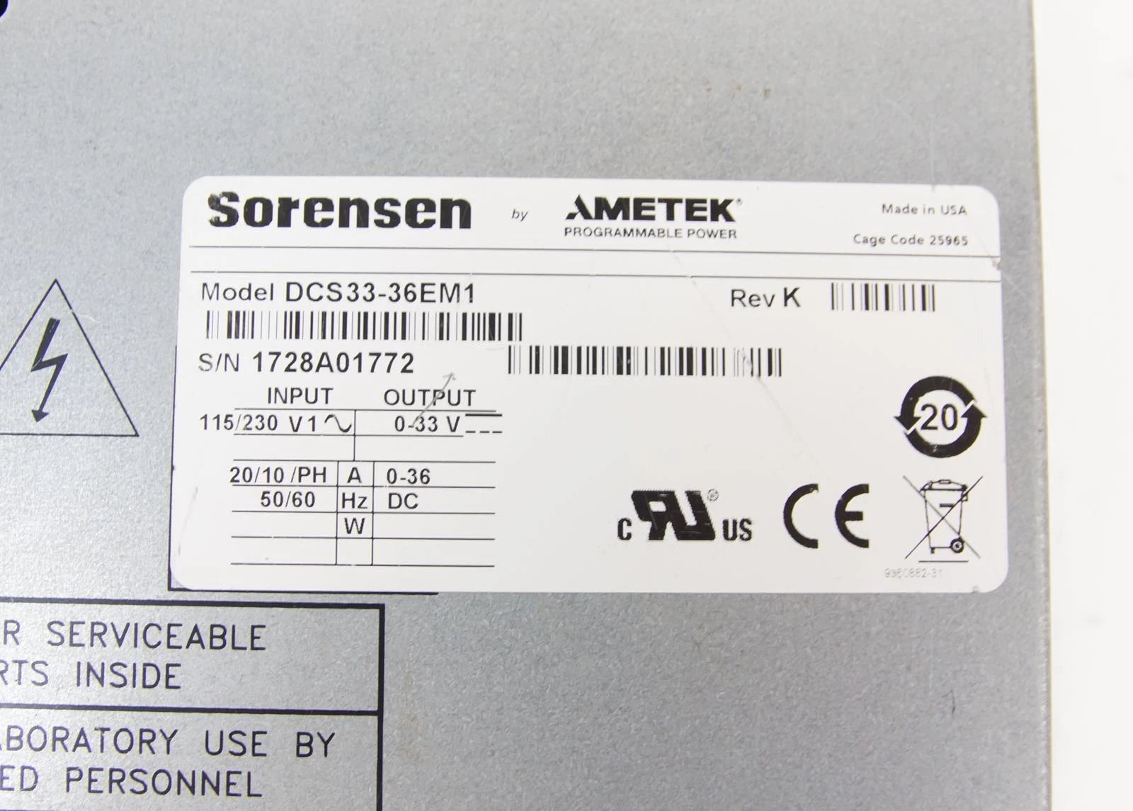 SORENSEN DCS33-36EM1 POWER SUPPLY 0-33V 0-36A