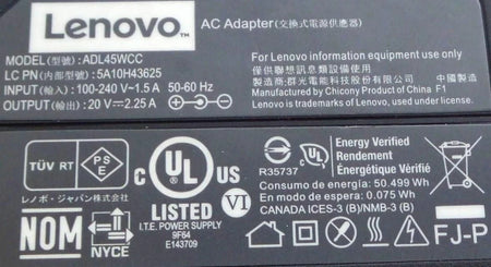Lot of 5 Lenovo  AC charger 20V/2.25A/45W - Free Shipping
