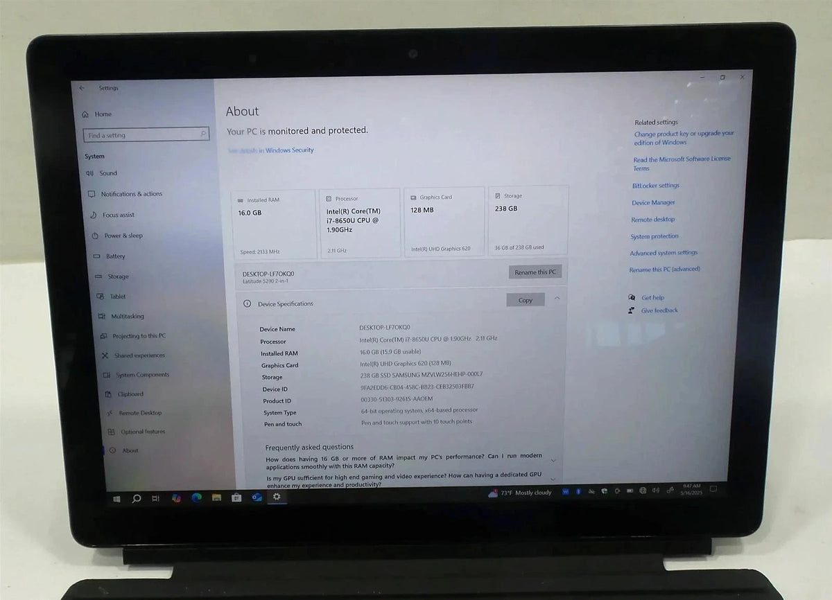 Dell Latitude 5290 2-in-1 Core i7-8650U 1.9GHz 16GB 256GB Touch Screen Win 10