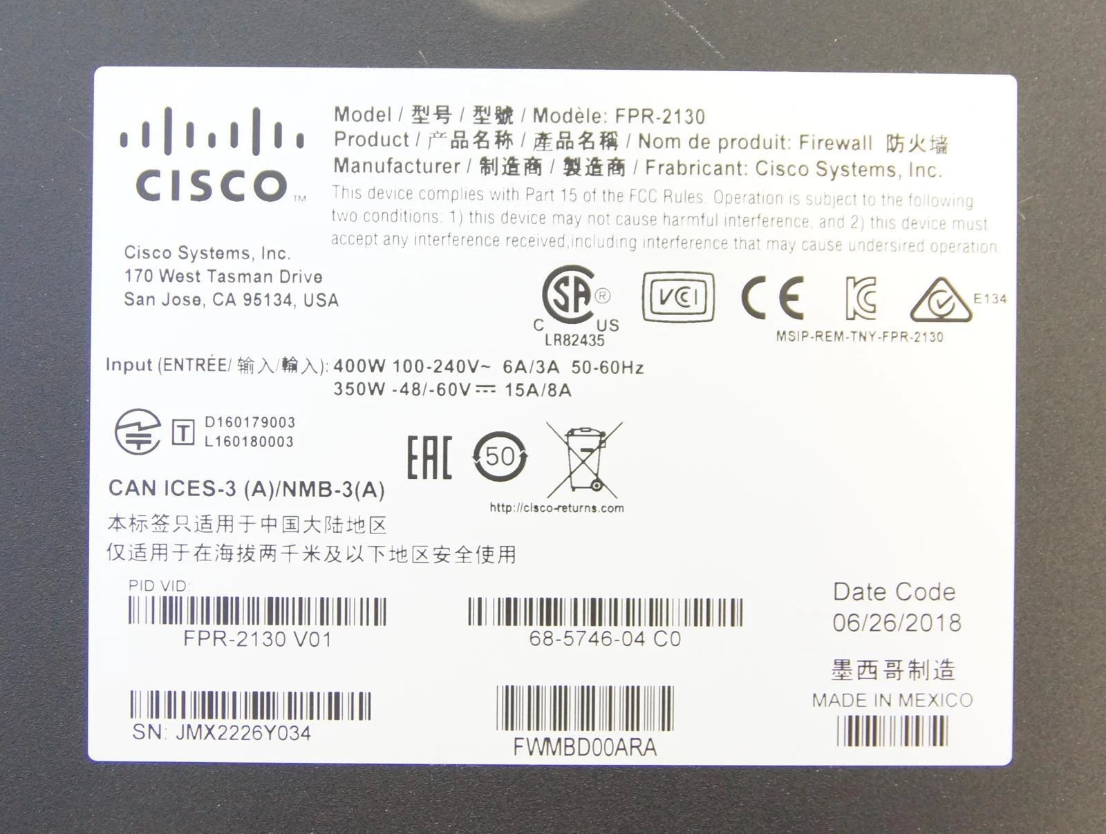 Cisco FPR 2100 Series FPR-2130 Firewall Security Appliance