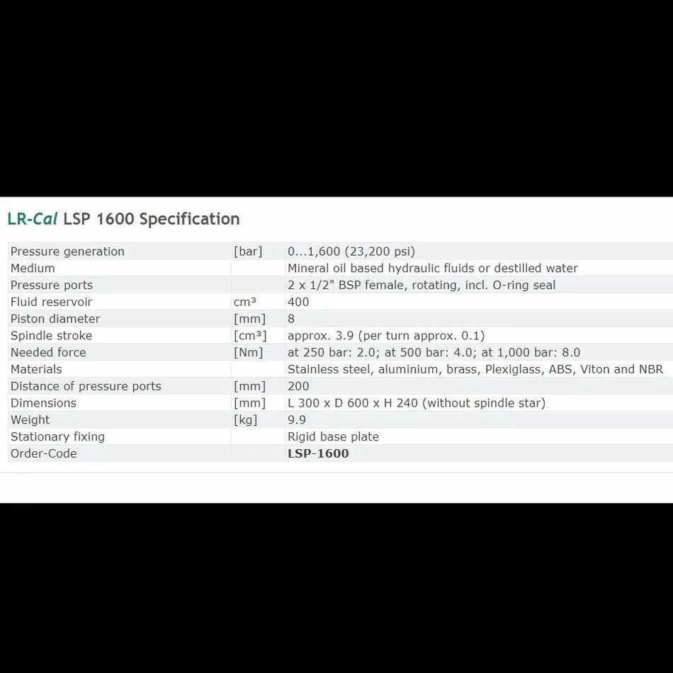LR-Cal LSP 1600-H Bench Hydraulic Pressure Comparison Pump 1600 bar 23000 PSI
