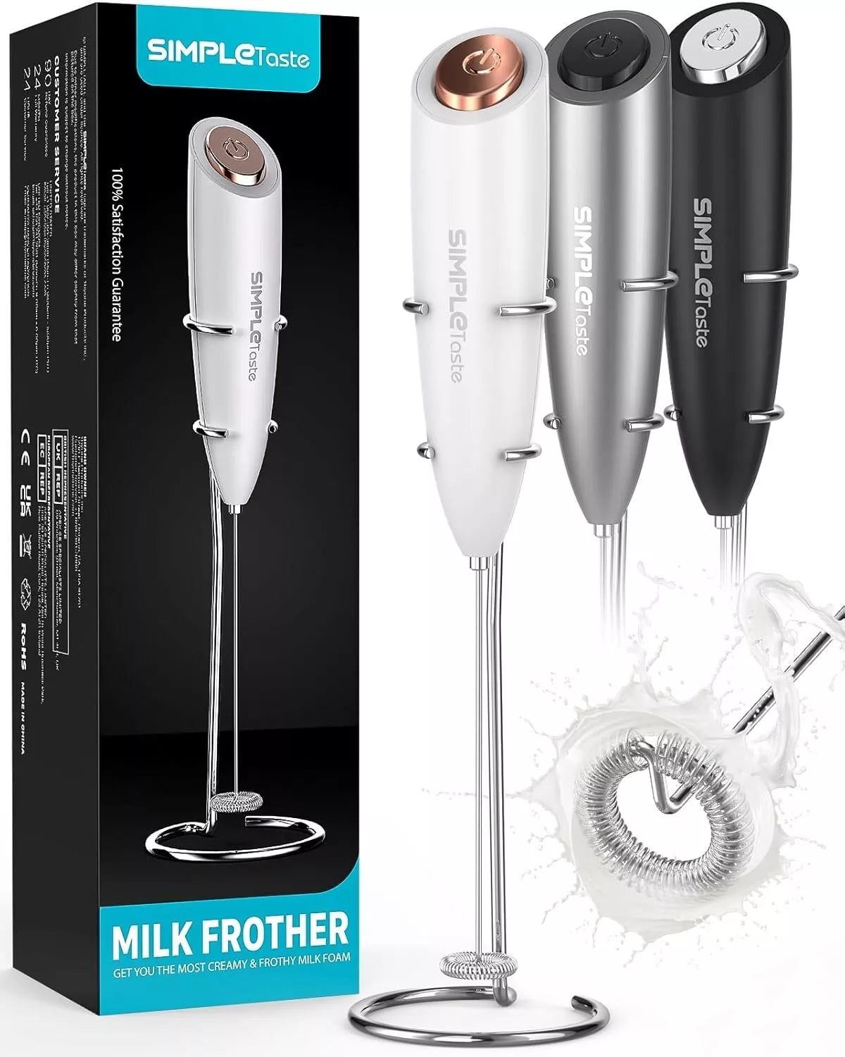 SimpleTaste Electric Milk Frother Handheld Foam Maker for Cappuccino & Coffee