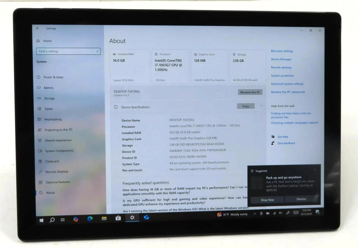 Microsoft Surface Pro 7 1866 Core i7-1065G7 1.3GHz 16GB 256GB Win10 Pro Black