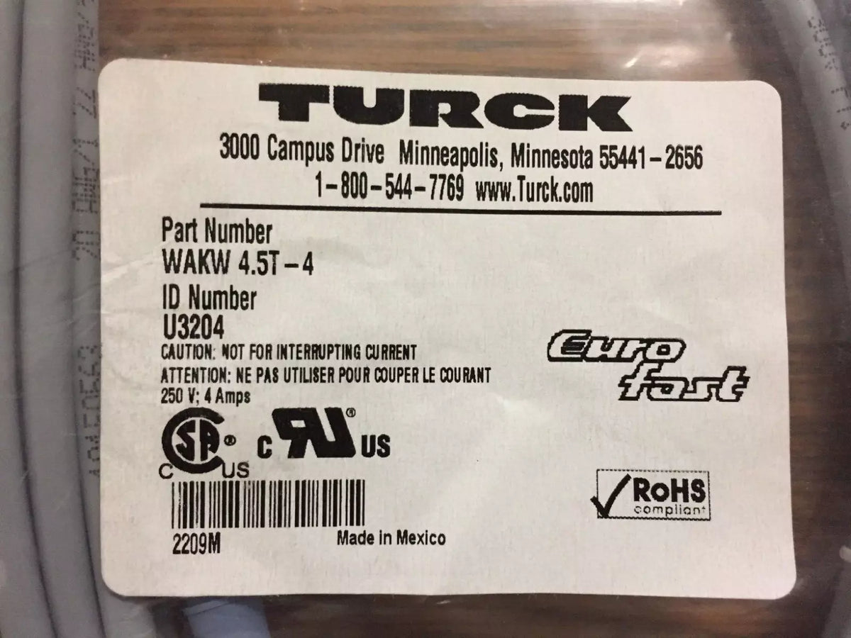Turck WAKW 4.5T-4 U3204 Cordset M12 Female Straight 5 Wire 4M PVC Grey