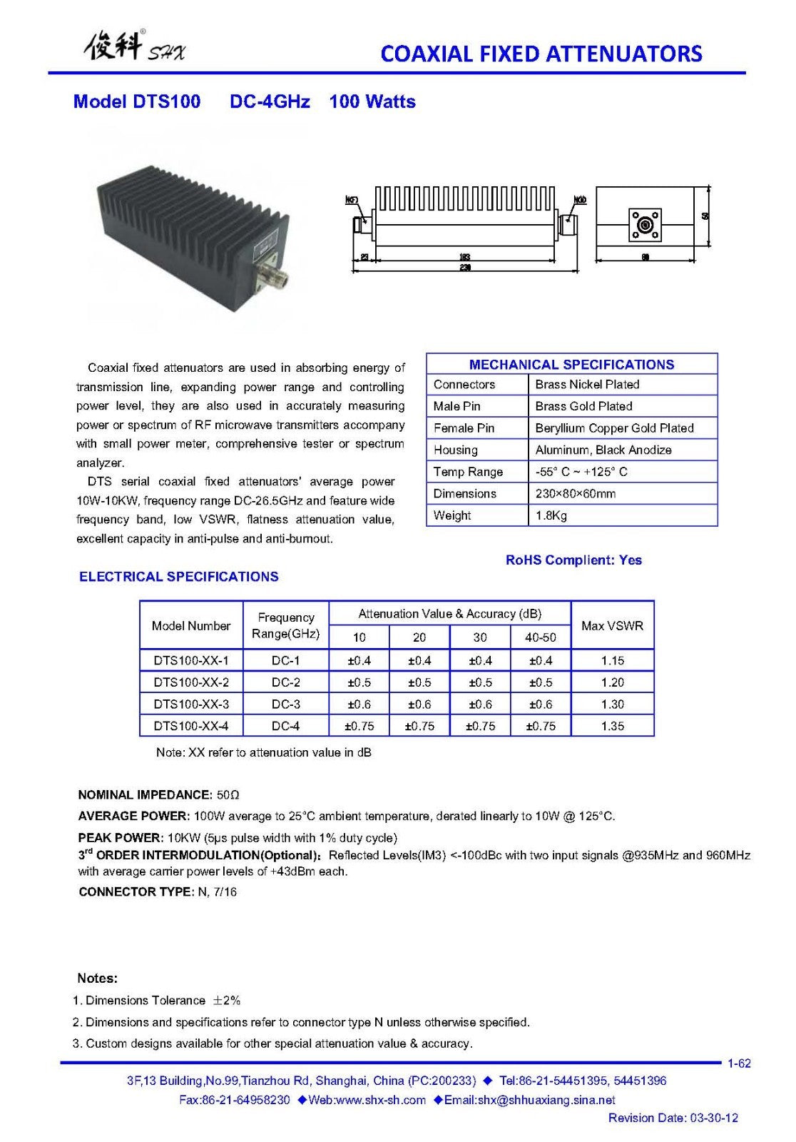 RF Attenuator 4 GHz 100W C Band Response