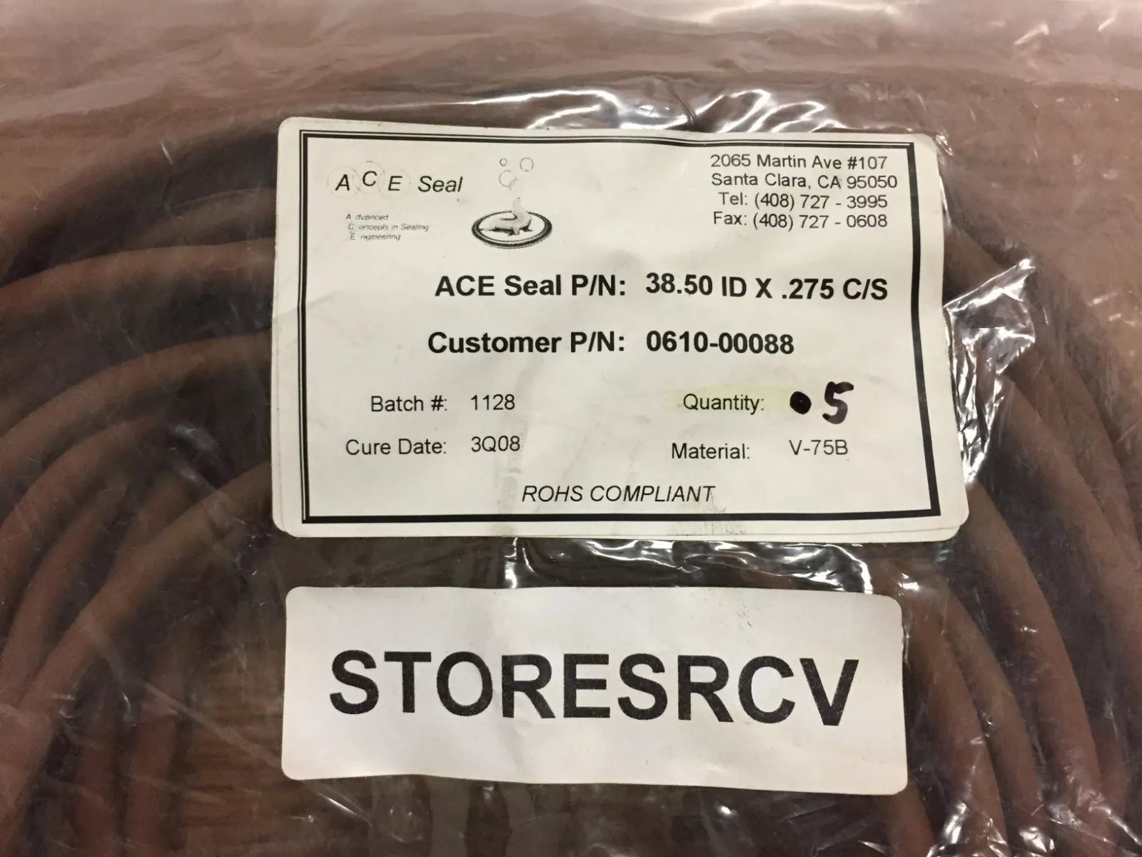 ACE SEAL 38.50” ID X 0.275” Dia V-75B O-Ring Brown Color