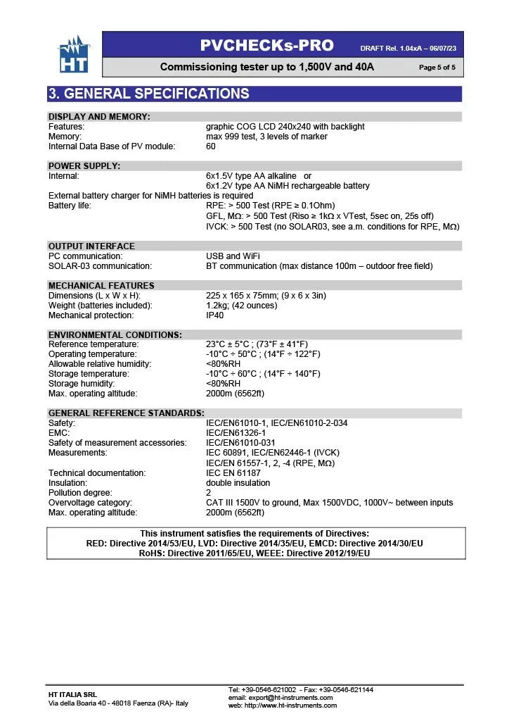 HT Instruments PVCHECKs-PRO PV Commissioning Tester PV Systems 1500V 40A