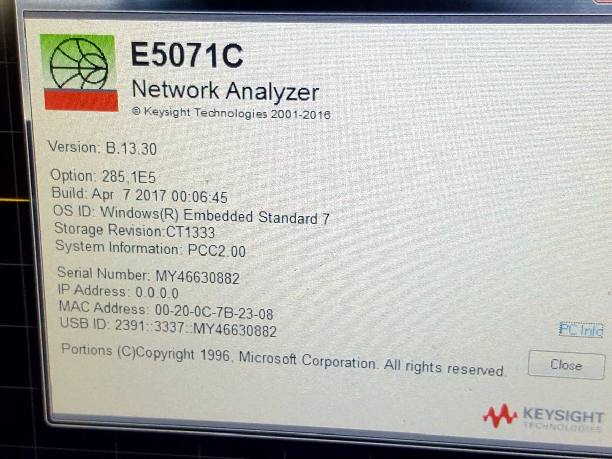 Keysight E5071C Network Analyzer 100kHz-8.5GHz Opt. Win7 285 1E5 (0882)
