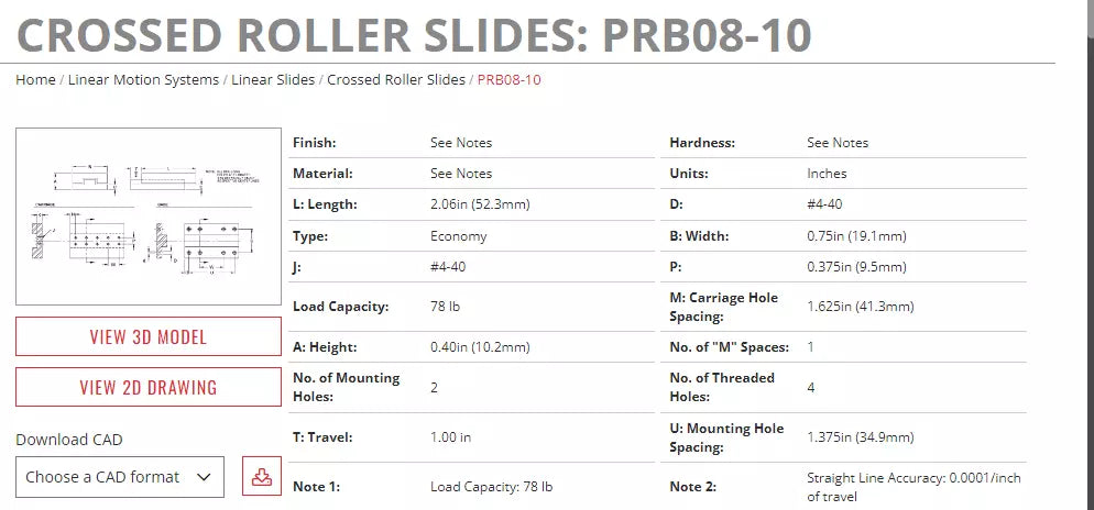 PIC DRB08-10 Aluminum Cross Roller Slides 0.0001 Accuracy 1 Travel