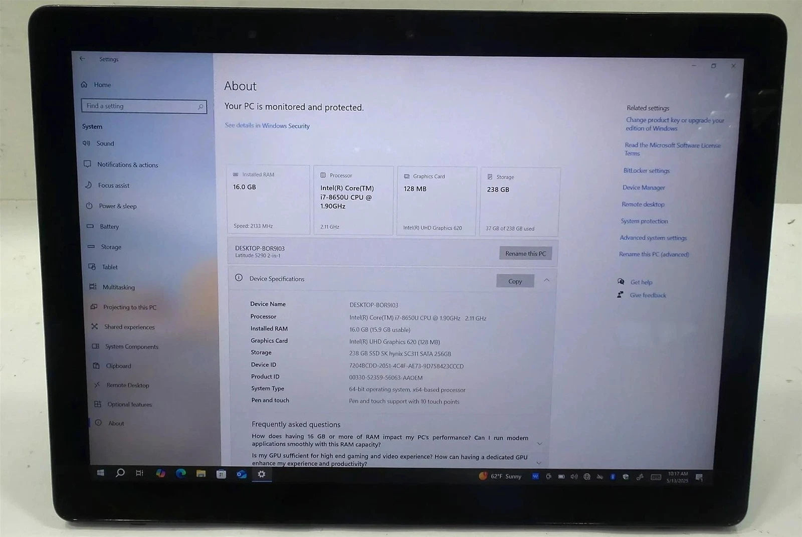 Dell Latitude 5290 2-in-1 Core i7-8650U 1.90GHz 16GB 256GB Touch Screen Win 10