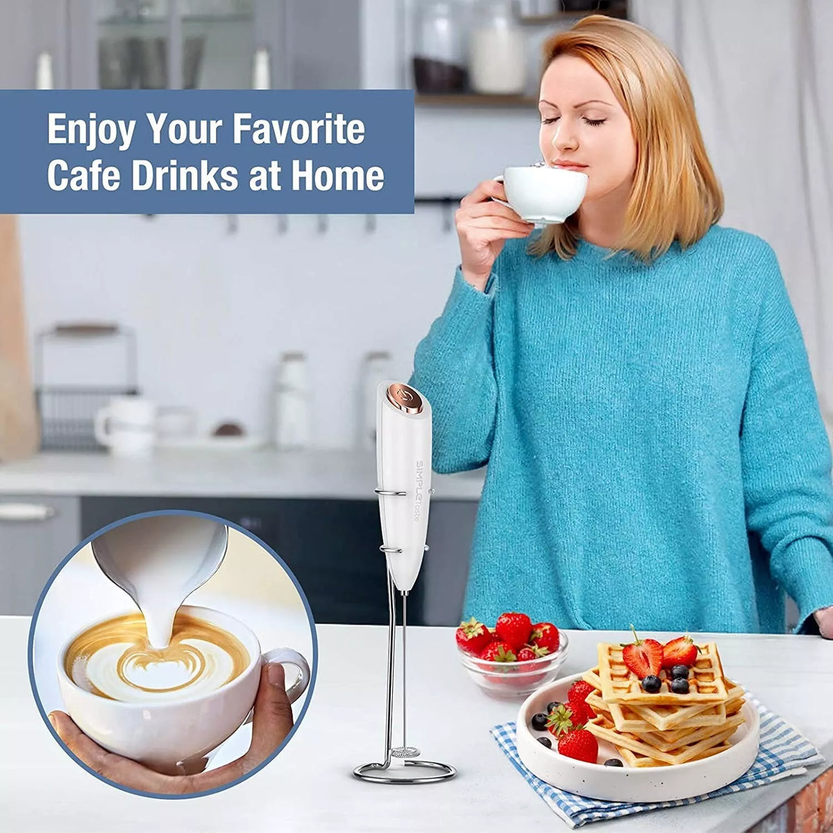 SimpleTaste Electric Milk Frother Handheld Foam Maker for Cappuccino & Coffee