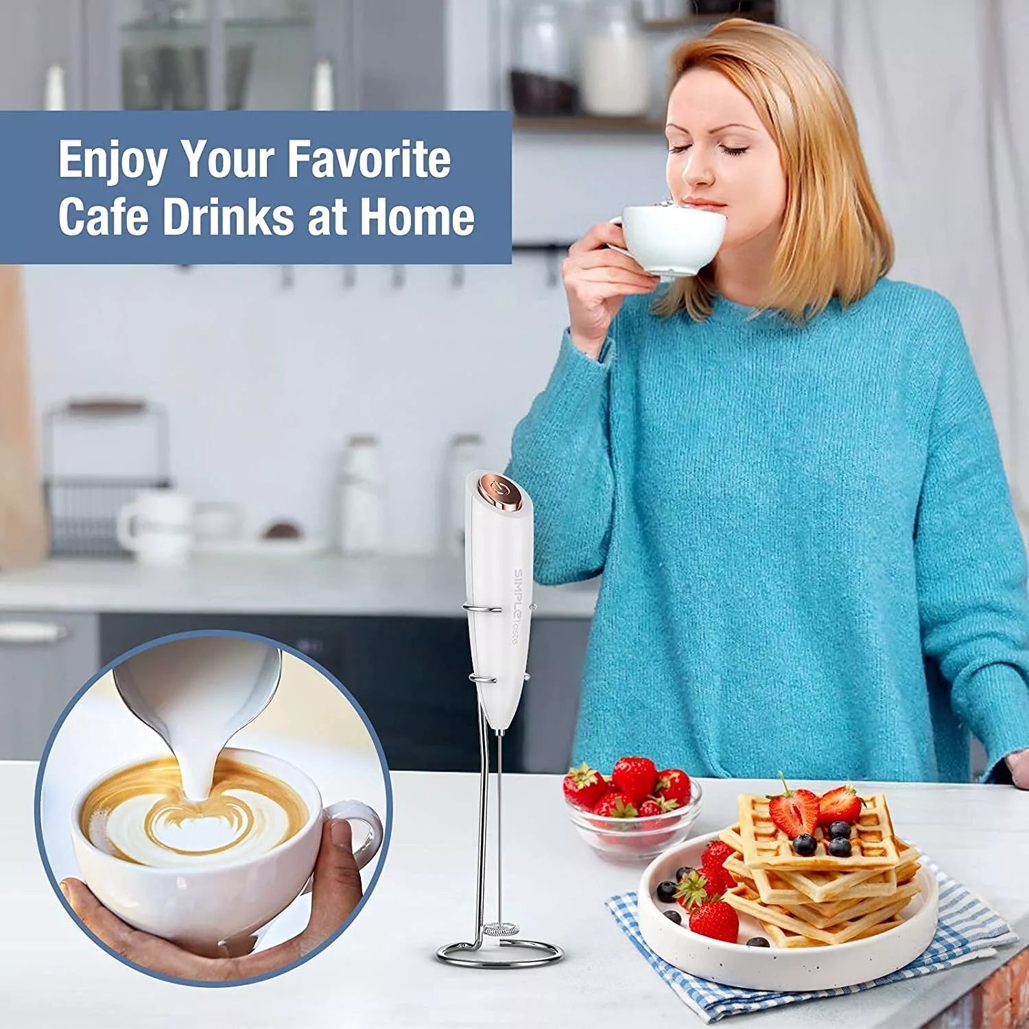 SimpleTaste Electric Milk Frother Handheld Foam Maker for Cappuccino & Coffee